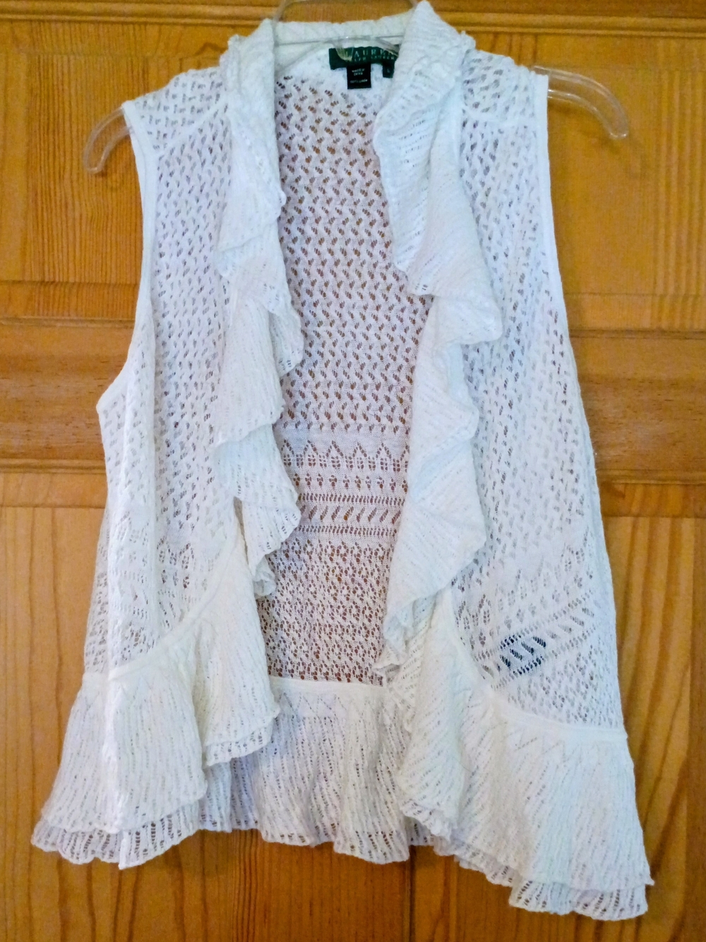 Ralph Lauren White Crochet Ruffle Sleeveless Cardigan. Extremely Light.